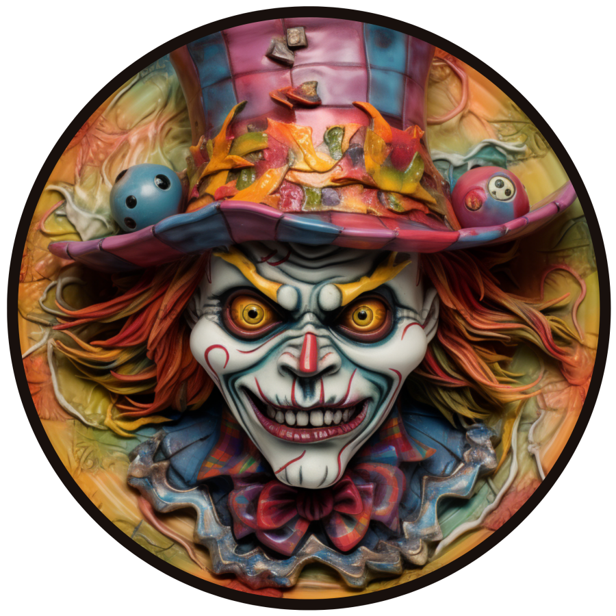 Halloween Sign, Creepy Clown Sign, 3D Halloween, DCO-00486, Sign For Wreath, 10" Round Metal Sign - DecoExchange®
