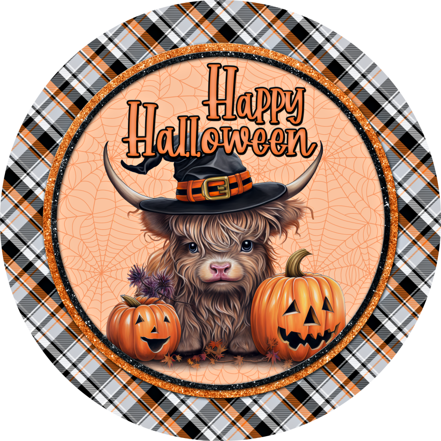 Halloween Highland Cow Cute 8" Metal Wreath Sign - DECOE-4613-B