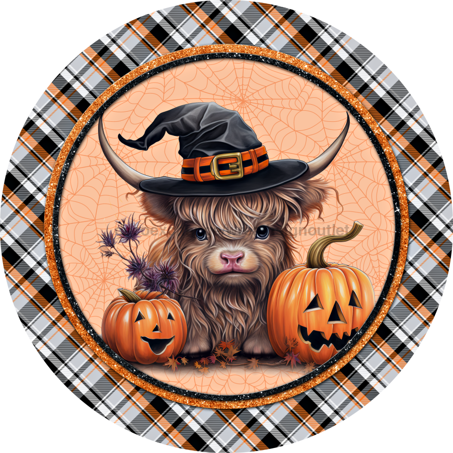 Halloween Highland Cow Cute 8" Metal Wreath Sign - DECOE-4614-B