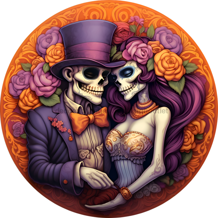 Halloween Skeleton Lovers 10" Metal Wreath Sign - DECOE-4672