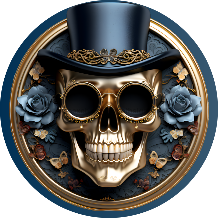 Halloween Steam Punk Skeleton 10" Metal Wreath Sign - DECOE-4673