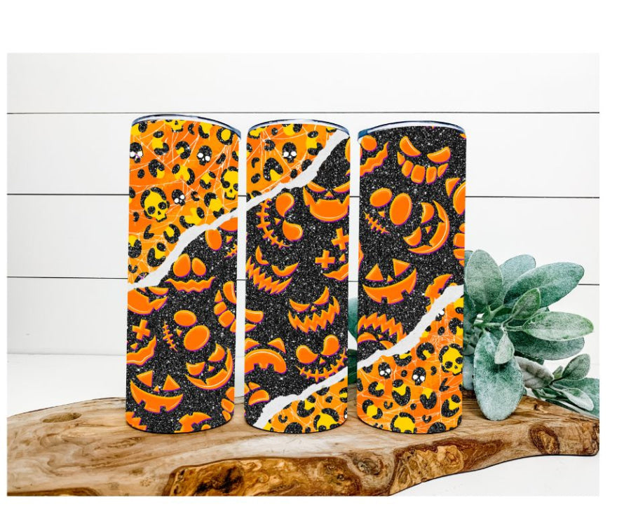 Halloween Tumbler, Pumpkins and Leopard Tumbler 20 oz Skinny Tumbler - DECOETUMBLER-252