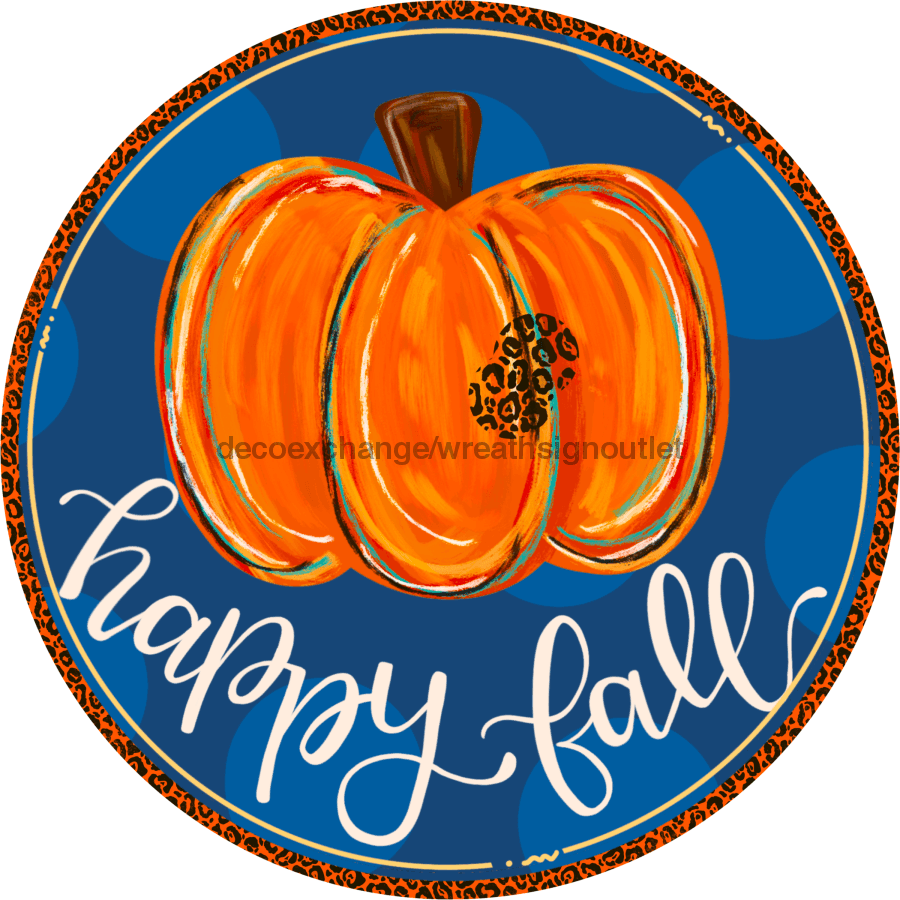 Wreath Sign, Happy Fall Leopard Orange Pumpkin - 10" Round Metal Sign - TB-010DecoExchange, Sign For Wreath - DecoExchange