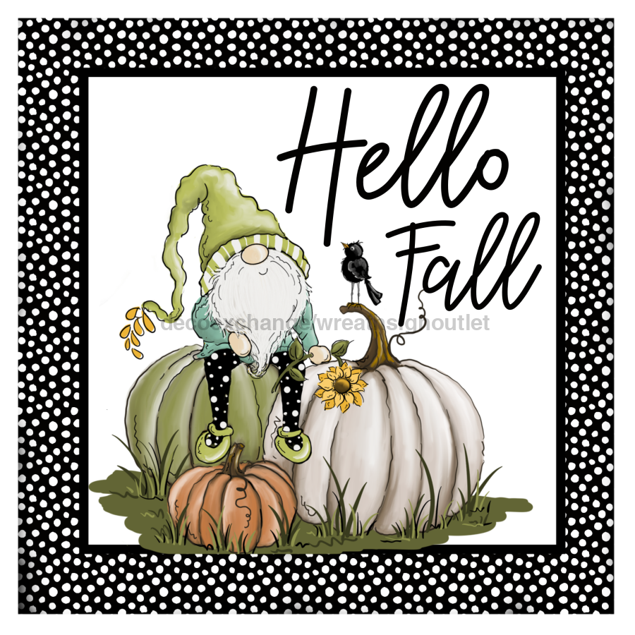 Hello Fall Gnome 10x10" Metal Wreath Sign - DECOE-069