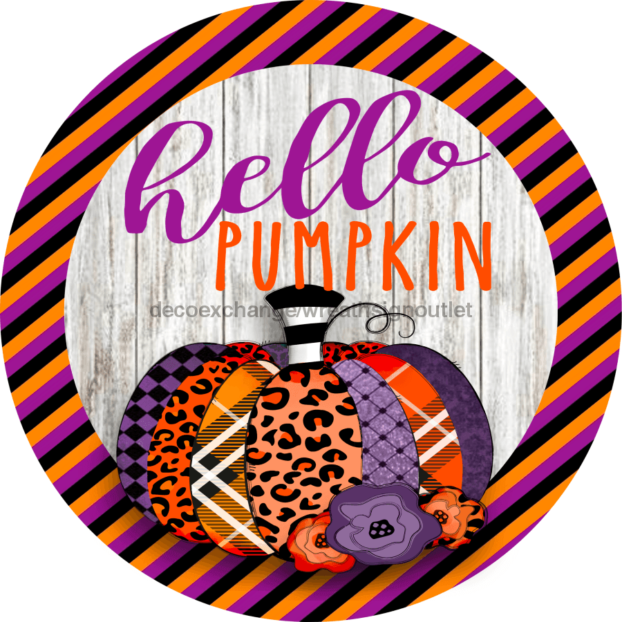 Wreath Sign, Hello Pumpkin Sign, Halloween Sign, 10" Round Metal Sign DECOE-861, Sign For Wreath, DecoExchange - DecoExchange