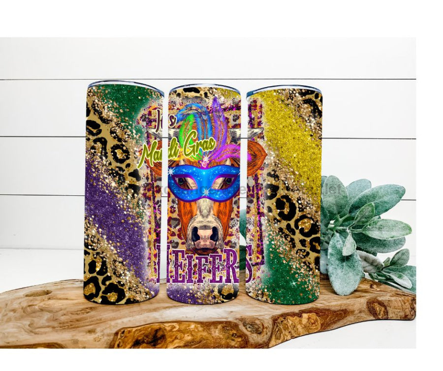It's Mardi Gras Heifers Tumbler, Cow with a Mask Tumbler, 20 oz Skinny Tumbler - DECOETUMBLER-021