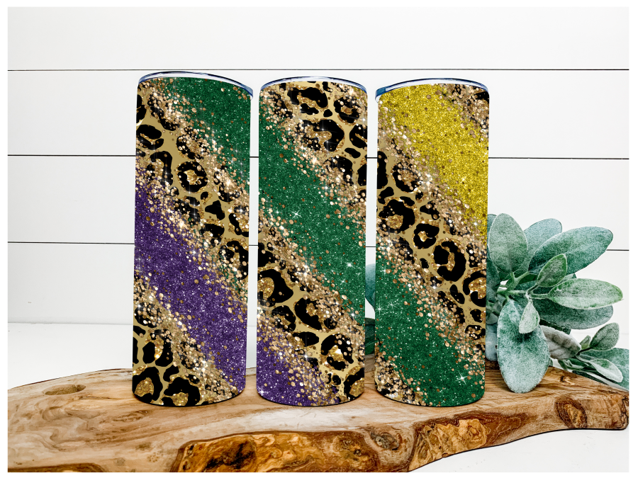 Leopard Mardi Gras Tumbler, 20 oz Skinny Tumbler - DECOETUMBLER-104
