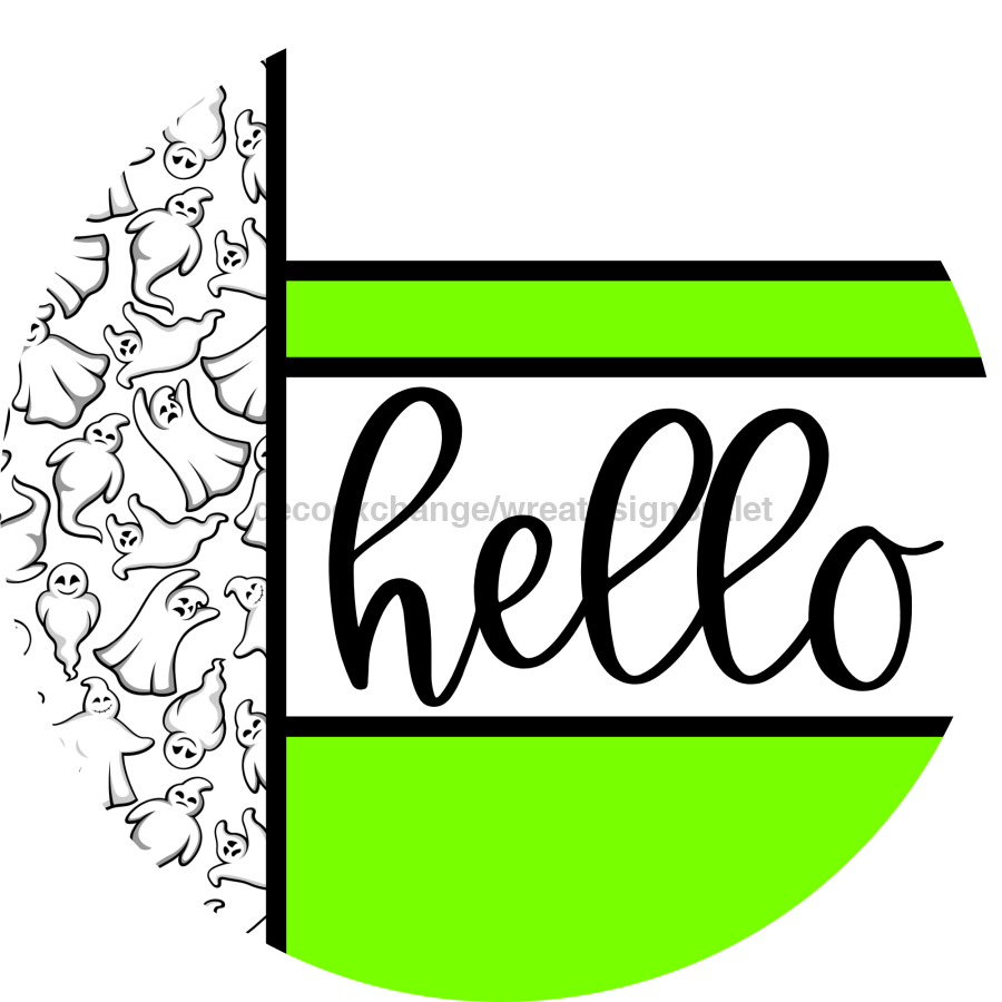 Lime Ghost Door Hanger, Hello Door Hanger, DCO-01961-DH, 18" Round Wood