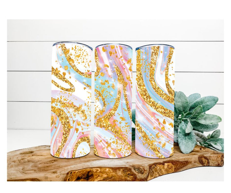 Marbled Tumbler, Pink, Mint and Glitter Tumbler 20 oz Skinny Tumbler - DECOETUMBLER-261