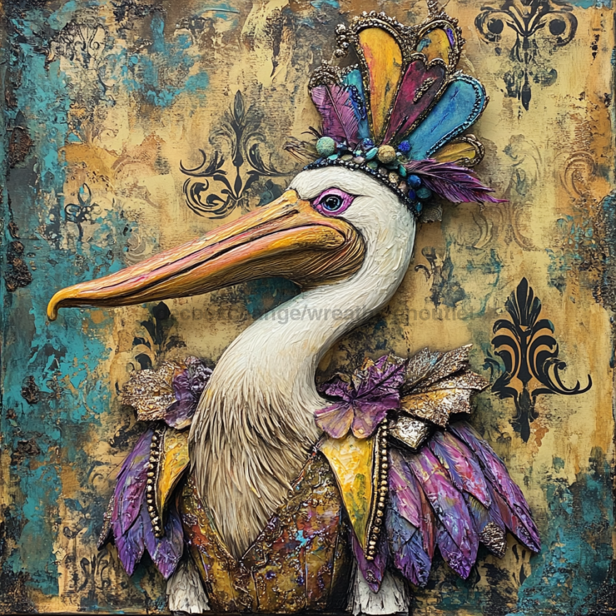 Mardi Gras Sign, Pelican Sign, DCO-13067, Sign For Wreath, 10x10" Metal Sign