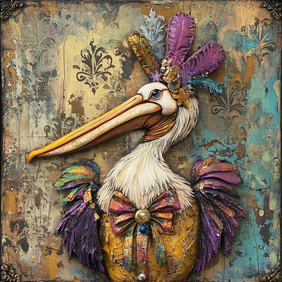 Mardi Gras Sign, Pelican Sign, DCO-13069, Sign For Wreath, 10x10" Metal Sign