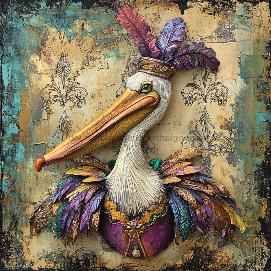 Mardi Gras Sign, Pelican Sign, DCO-13074, Sign For Wreath, 10x10" Metal Sign