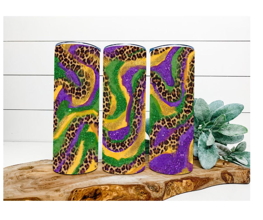 Mardi Gras Tumbler, Mardi Gras Colors and Leopard Tumbler 20 oz Skinny Tumbler - DECOETUMBLER-216