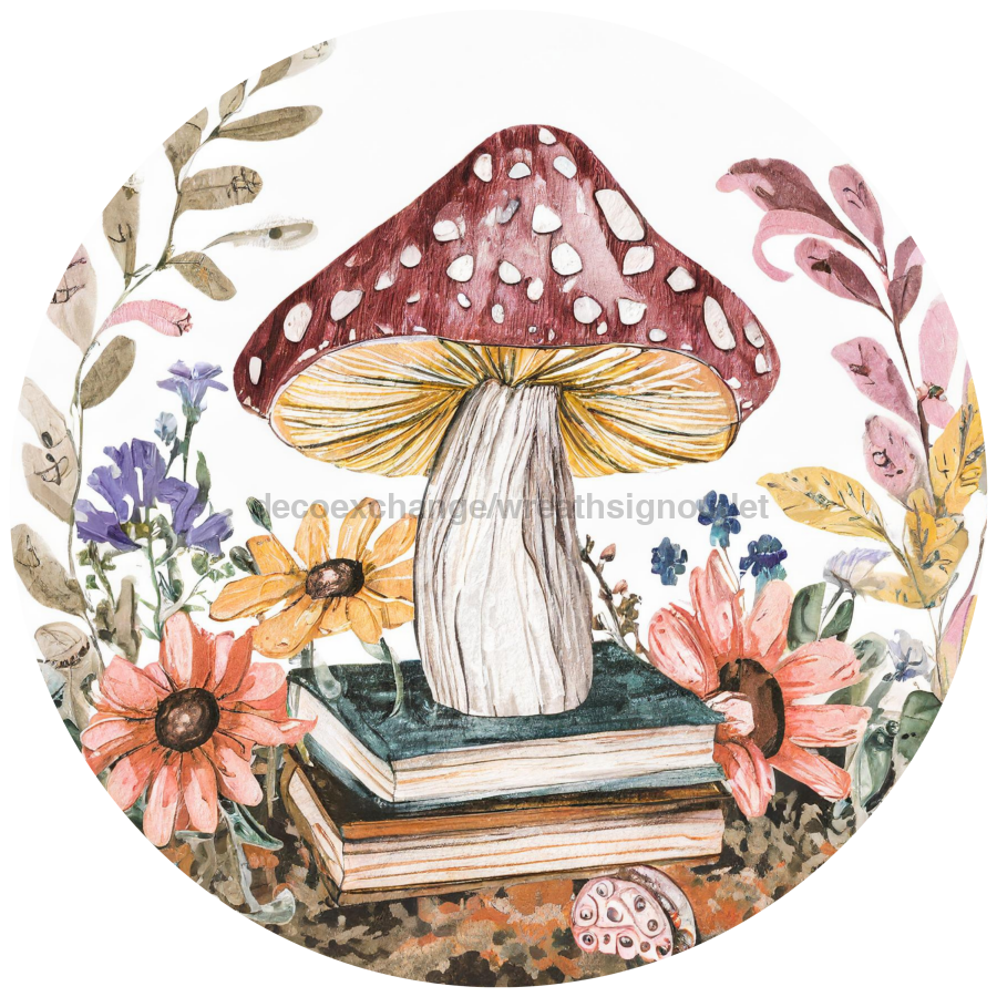 Mushroom Books 10" Metal Wreath Sign - DECOE-5198