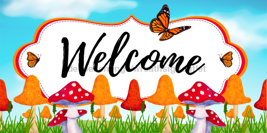 Mushroom Welcome 6x12" Metal Wreath Sign - DECOE-5235