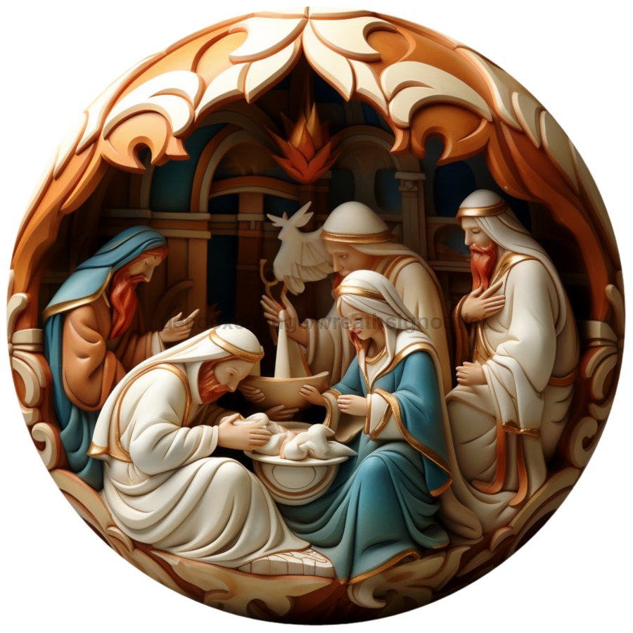 Nativity 3d looking Religious 10" Metal Wreath Sign - DECOE-4808