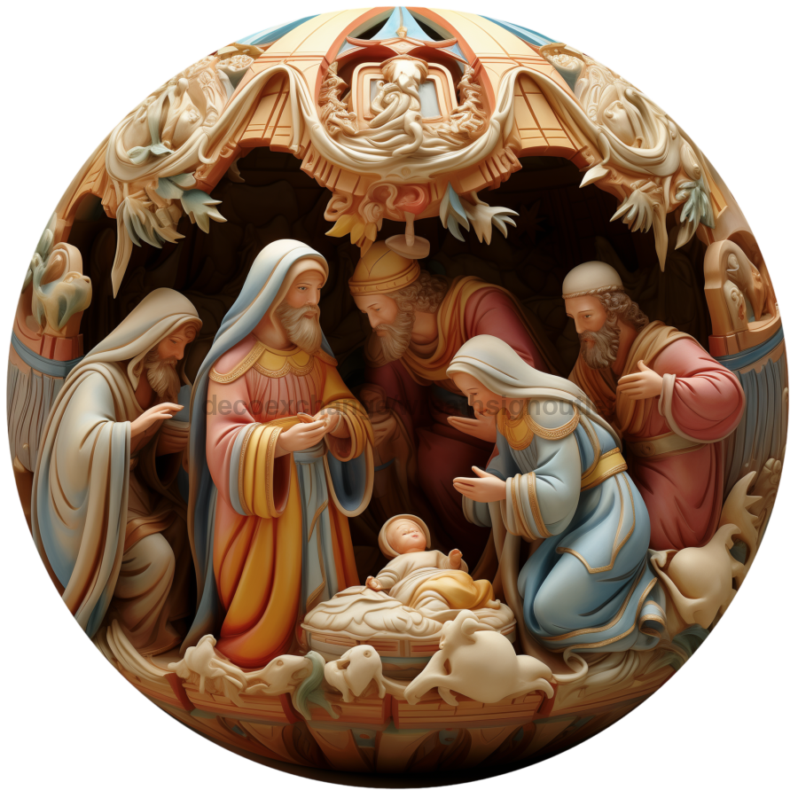 Nativity 3d looking Religious 10" Metal Wreath Sign - DECOE-4813