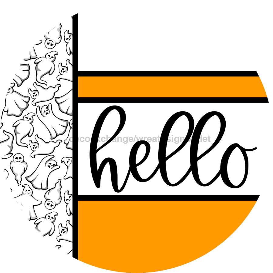 Orange Ghost Door Hanger, Hello Door Hanger, DCO-01969-DH, 18" Round Wood