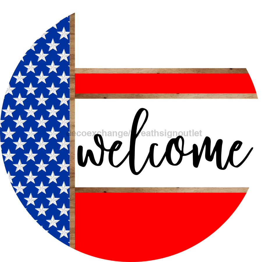 Patriotic Door Hanger, Welcome Door Hanger, DCO-01987-DH, 18" Round Wood