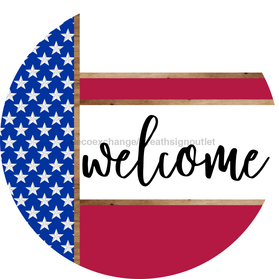 Patriotic Door Hanger, Welcome Door Hanger, DCO-01989-DH, 18" Round Wood