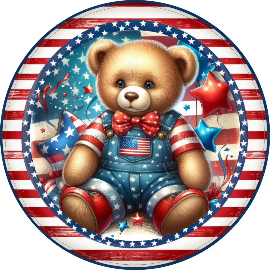 Patriotic Partriotic Bear 10" Metal Wreath Sign - DECOE-5182