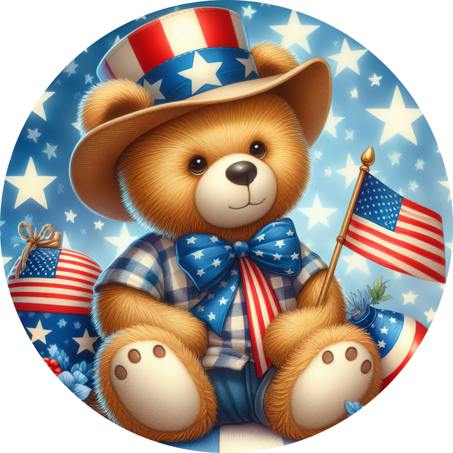Patriotic Partriotic Bear 10" Metal Wreath Sign - DECOE-5185