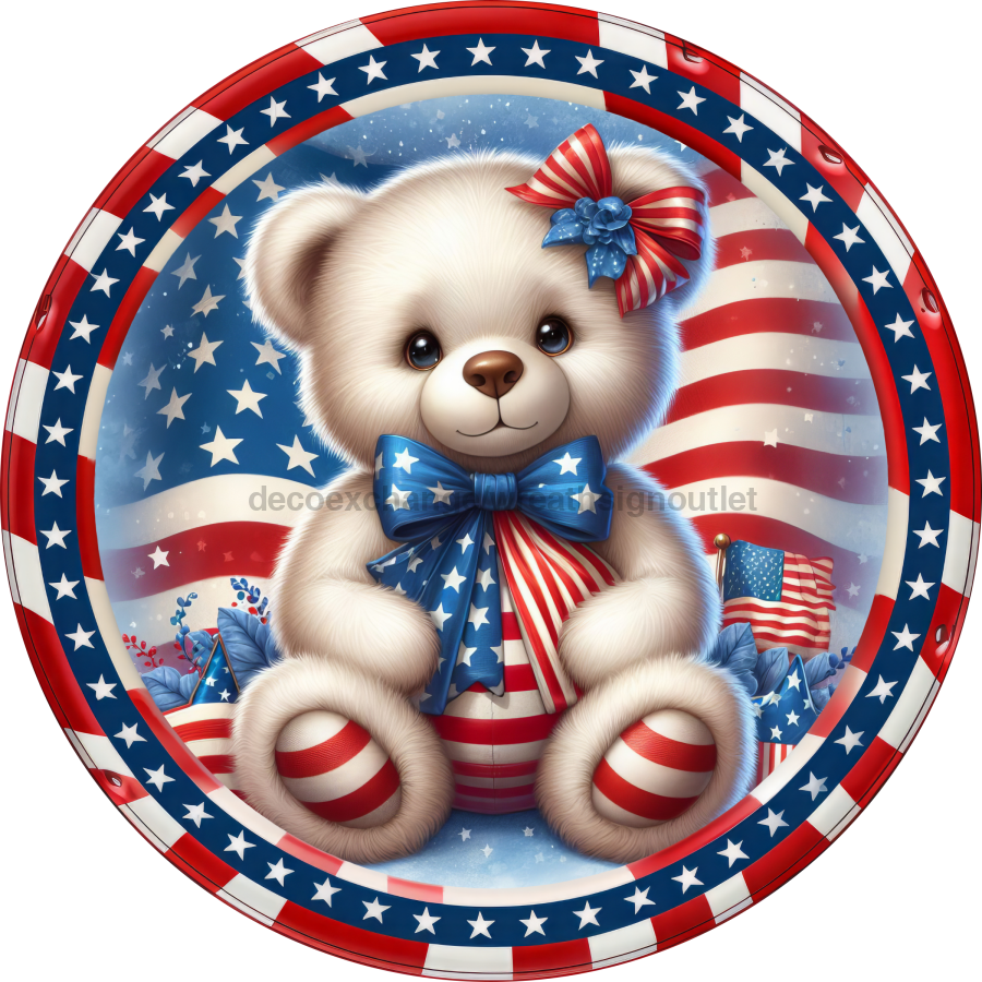 Patriotic Partriotic Teddy Bear 10" Metal Wreath Sign - DECOE-5179