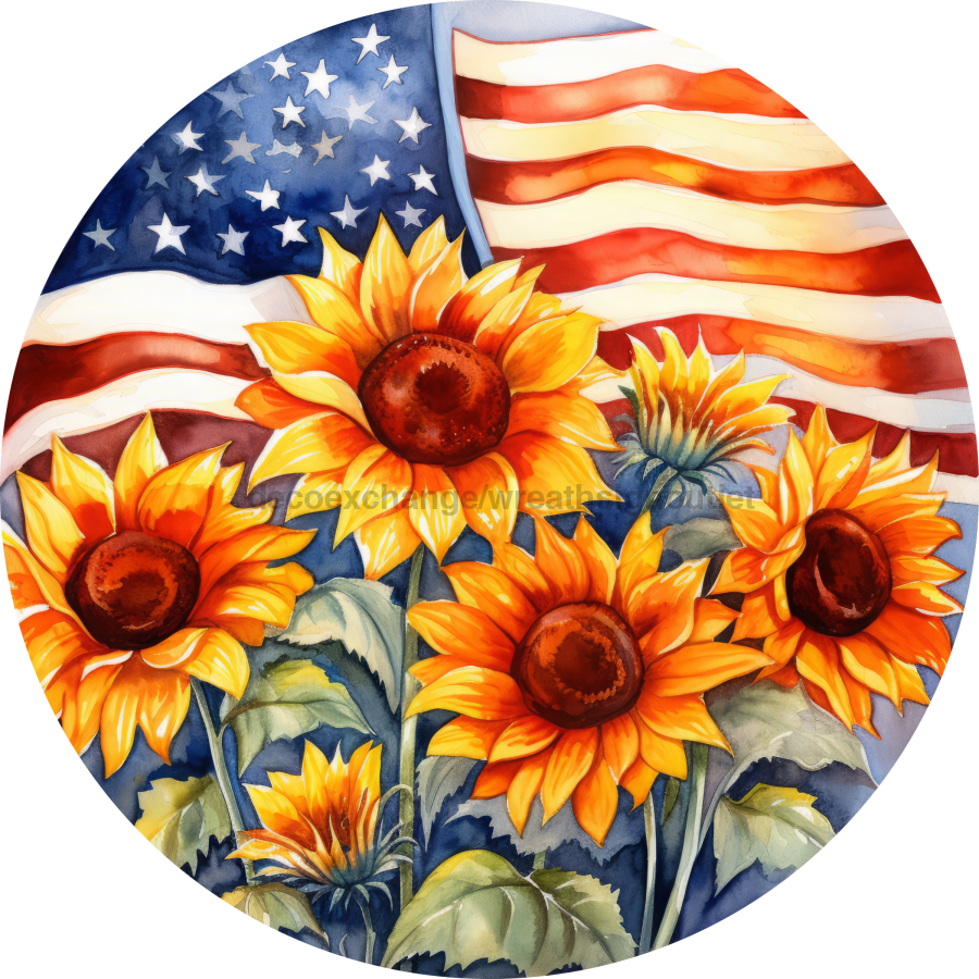 Patriotic Sunflower 10" Metal Wreath Sign - DECOE-5188