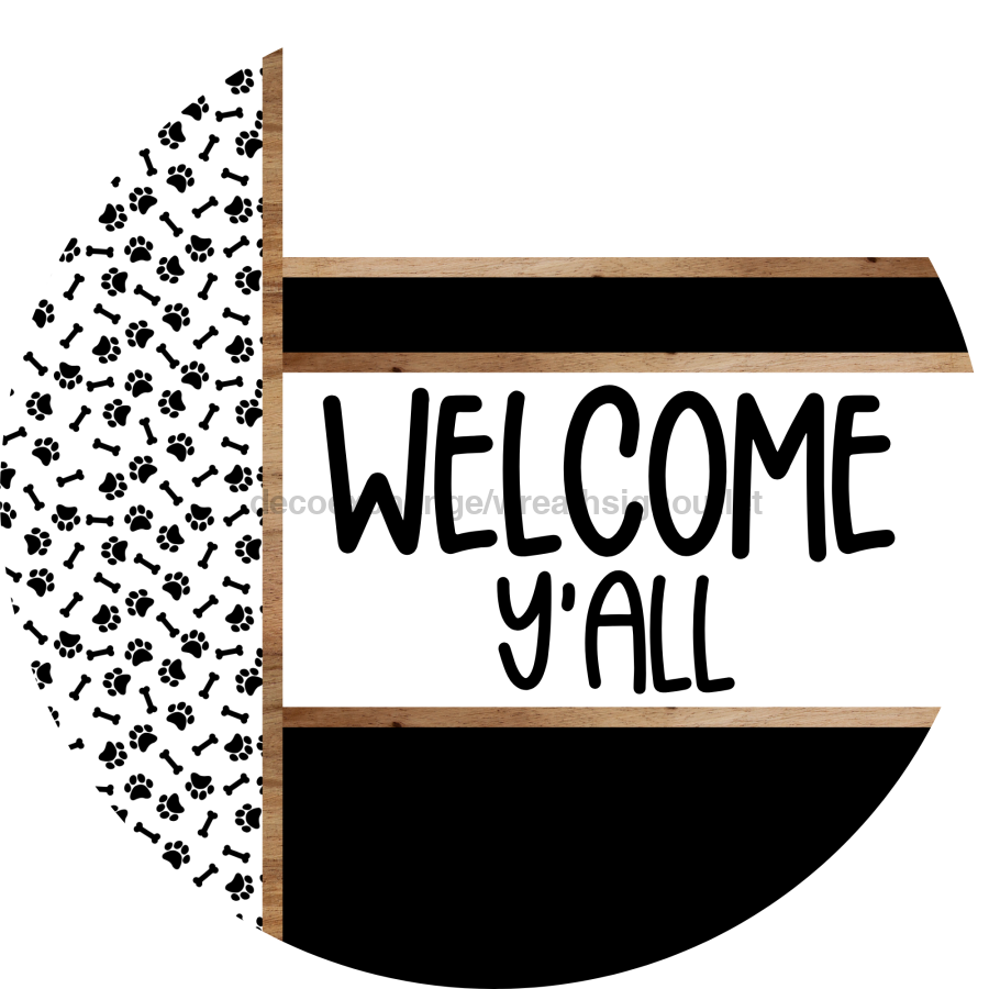 Paw Print Door Hanger, Welcome Yall Door Hanger, DCO-01870-DH, 18" Round Wood