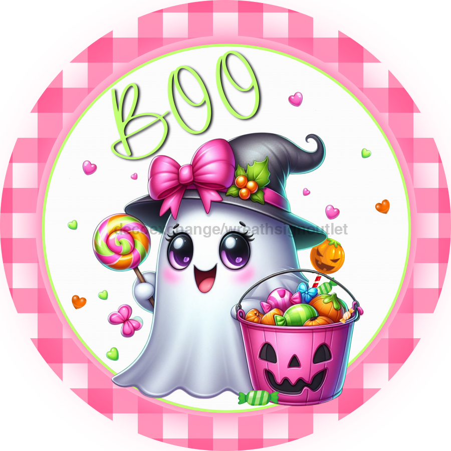 Pink Boo Ghost Sign, DECOE-5298-D, Sign For Wreath, 10" Wood Sign