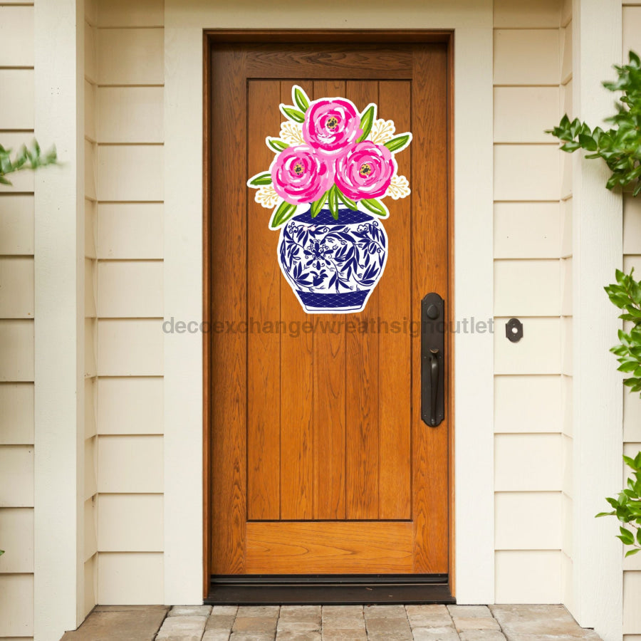 Pink Floral Cut Bow Holes 22" Wood Door Hanger - DECOE-W-903449-DH