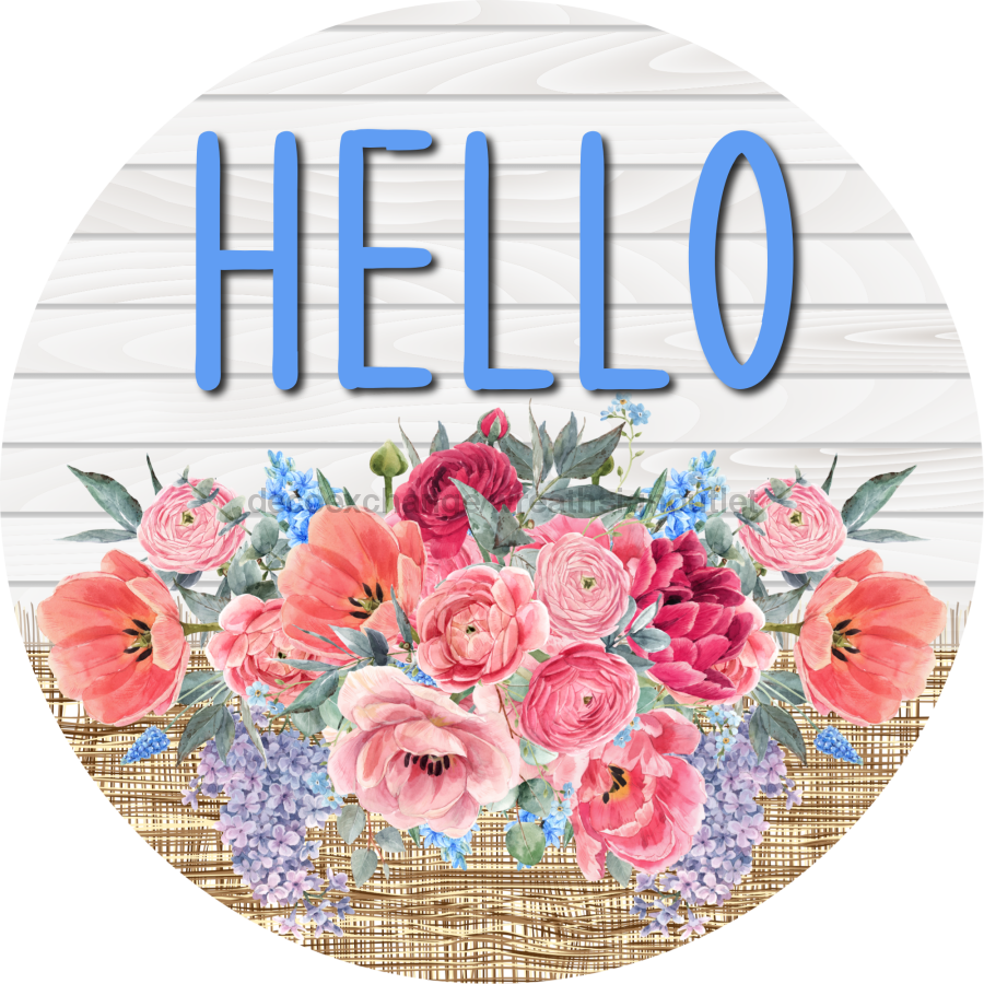 Pink Floral Sign Hello Dco-00788 For Wreath 10 Round Metal