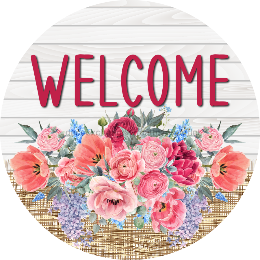 Pink Floral Sign Welcome Dco-00790 For Wreath 10 Round Metal
