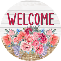 Thumbnail for Pink Floral Sign Welcome Dco-00790 For Wreath 10 Round Metal