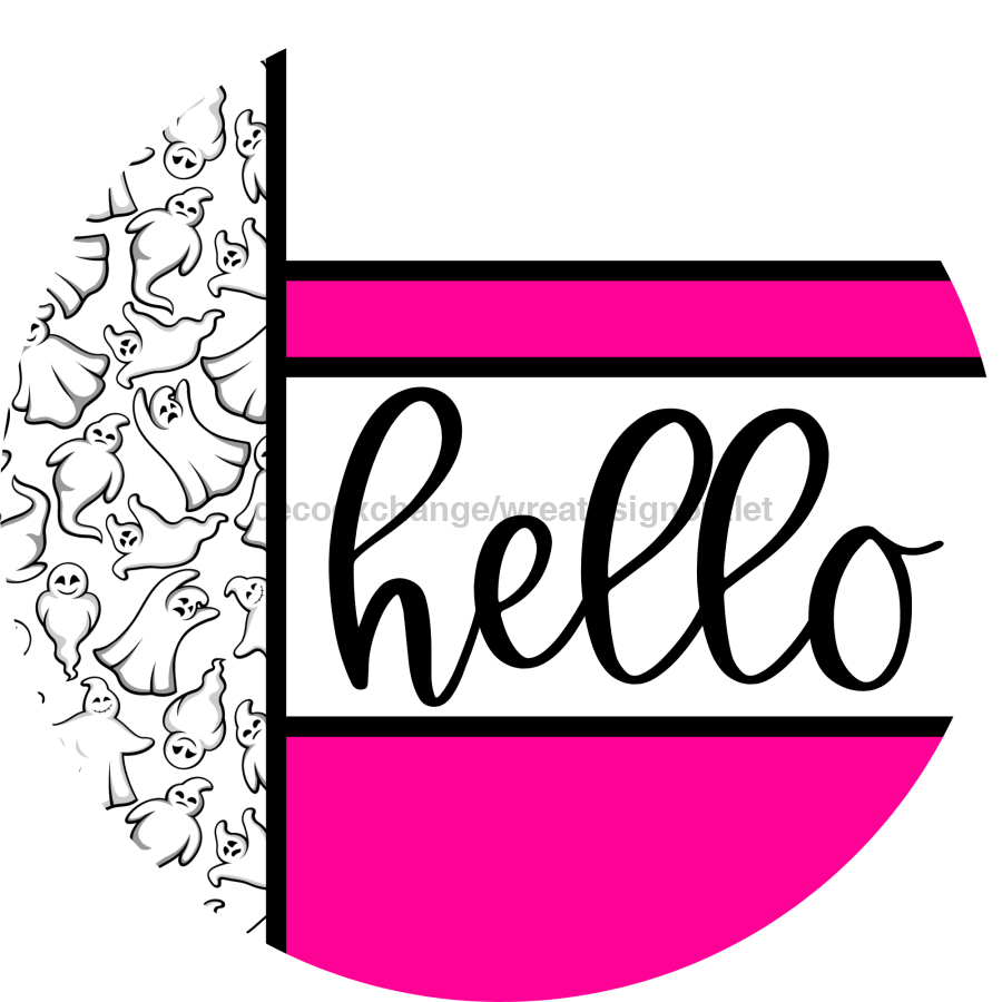 Pink Ghost Door Hanger, Hello Door Hanger, DCO-01973-DH, 18" Round Wood