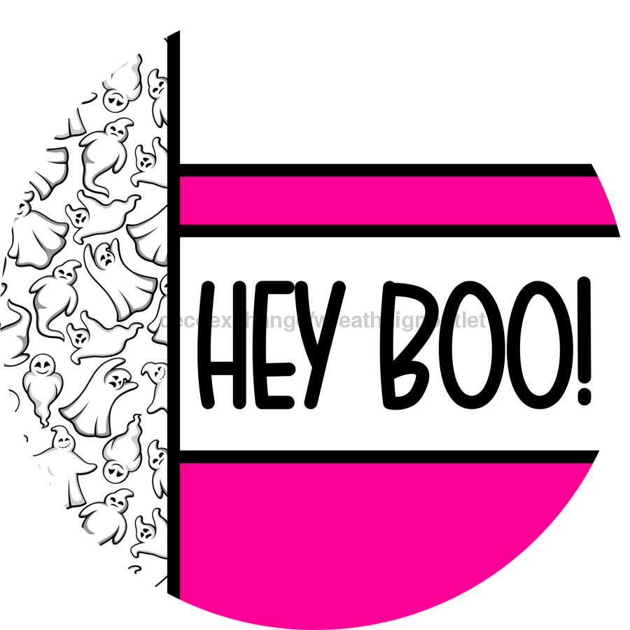 Pink Ghost Door Hanger, Hey Boo Door Hanger, DCO-01970-DH, 18" Round Wood