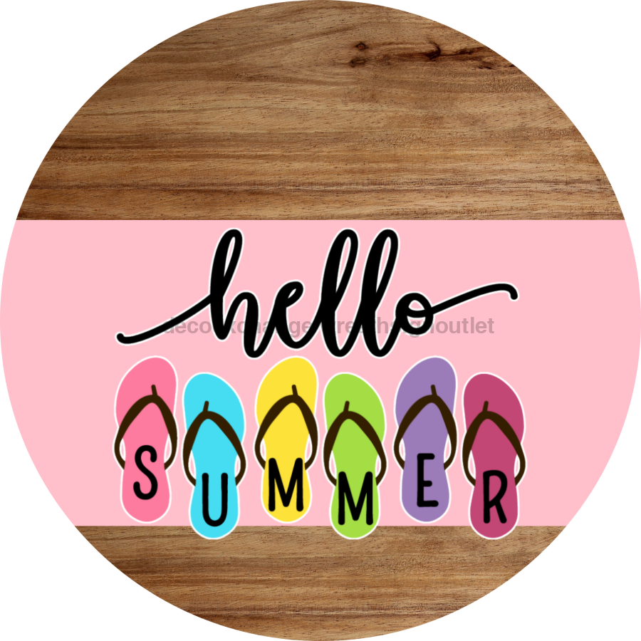 Pink Hello Summer Flip Flop Door Hanger Dco-01644-Dh-Lp 18’ Round Wood