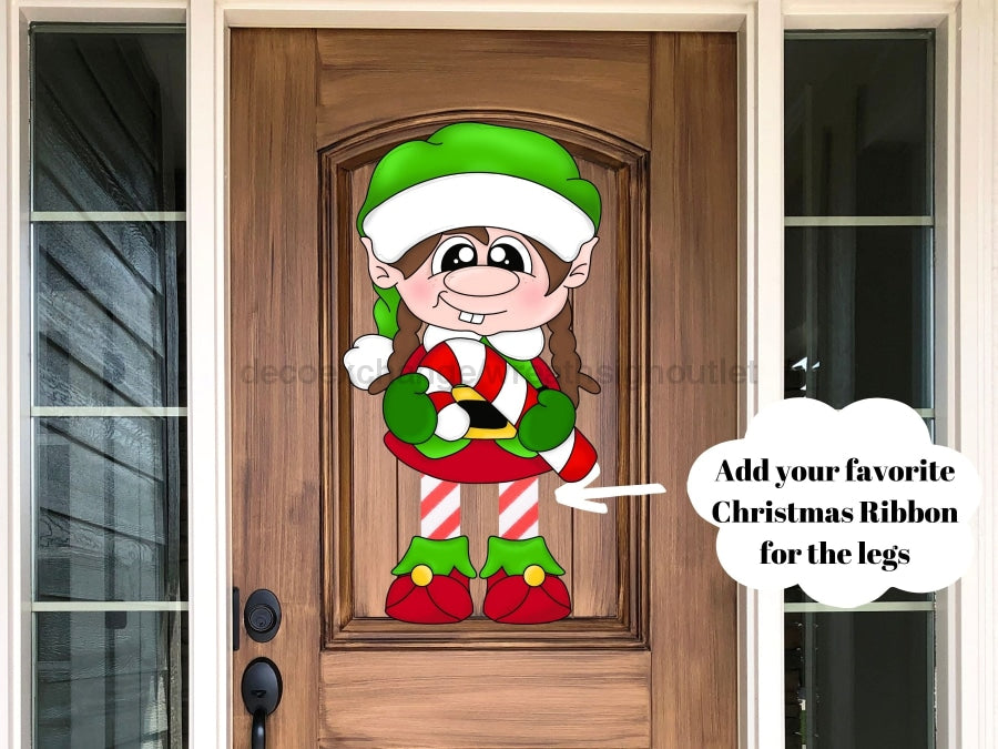 Pre-Order: Christmas Sign Girl Elf Ribbon Leg Wood Sign Cr-W-091-Dh 22 Door Hanger