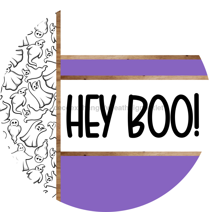 Purple Ghost Door Hanger, Hey Boo Door Hanger, DCO-01940-DH, 18" Round Wood
