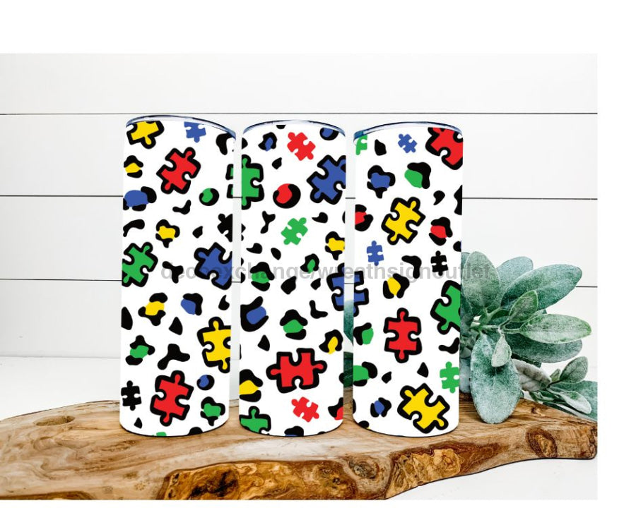 Puzzle Pieces Tumbler, Autism Awareness, Leopard 20 oz Skinny Tumbler - DECOETUMBLER-279