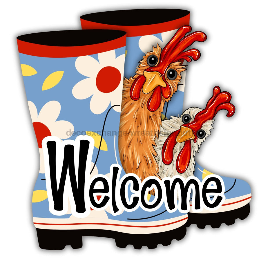 Rain Boots Welcome Chickens 22" Wood Door Hanger - DECOE-W-903677-DH