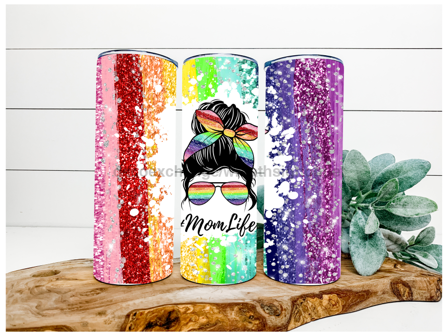 Rainbow Pride Mom Life Glitter Tumbler 20 oz Skinny Tumbler - DECOETUMBLER-145