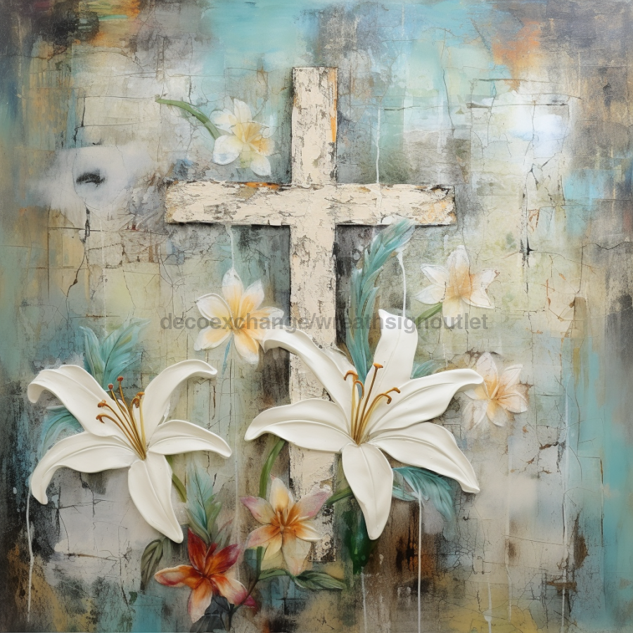 Religious Cross and Lillies 10x10" Metal Wreath Sign - OAW-0091