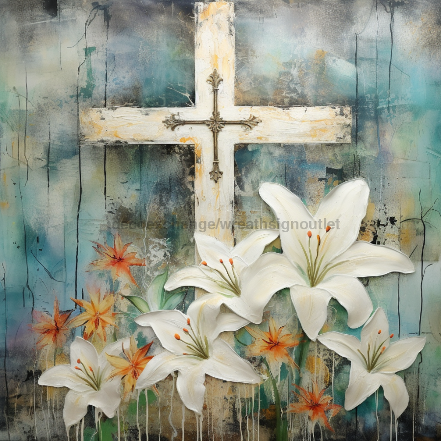 Religious Cross and Lillies 10x10" Metal Wreath Sign - OAW-0093