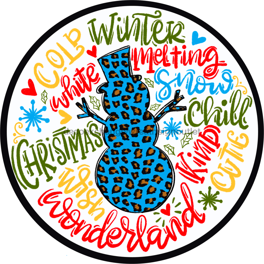 Wreath Sign, Snowman Typography 10" Round Metal Sign DECOE-352, Sign For Wreath, DecoExchange - DecoExchange