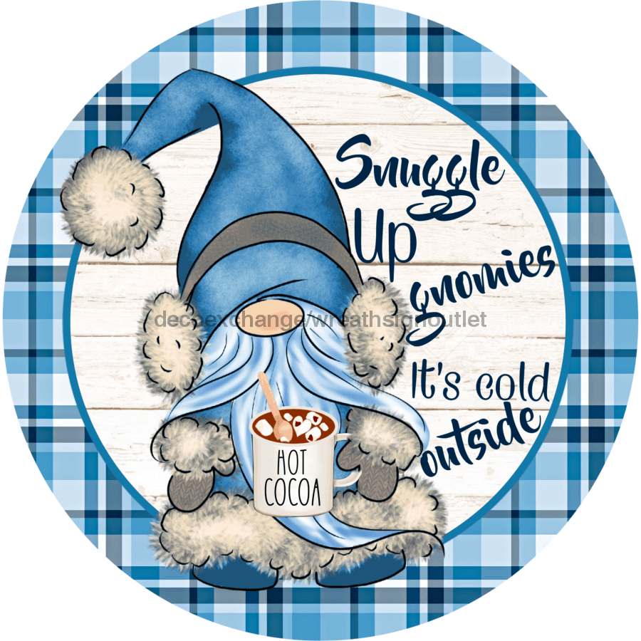 Wreath Sign, Snugle Up Gnomies, Gnome Christmas Sign, 10" Round, Metal Sign, DECOE-766, DecoExchange, Sign For Wreath - DecoExchange