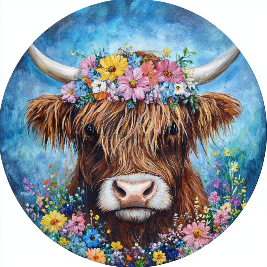 Spring Highland Cow Sign, DCO-13335, Sign For Wreath, 10" Metal Sign