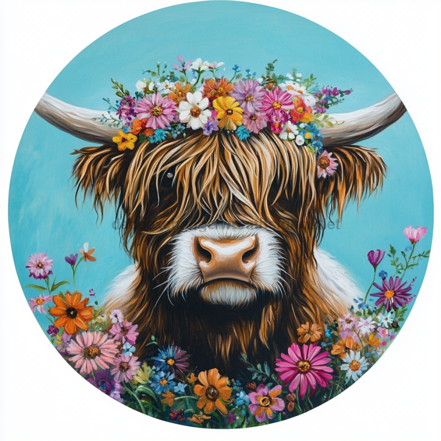 Spring Highland Cow Sign, DCO-13336, Sign For Wreath, 10" Metal Sign
