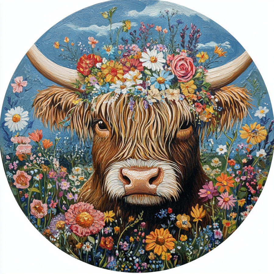 Spring Highland Cow Sign, DCO-13338, Sign For Wreath, 10" Metal Sign