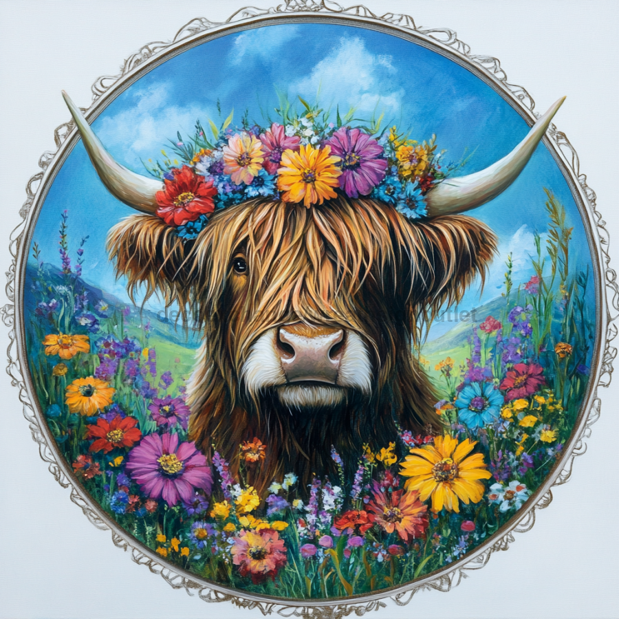 Spring Highland Cow Sign, DCO-13340, Sign For Wreath, 10" Metal Sign